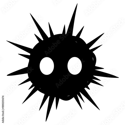 Black silhouette of a spiky round creature with two white circular eyes rendered in a simple stylized graphic art form sea urchin spiky creature round shape cartoon monster graphic icon
