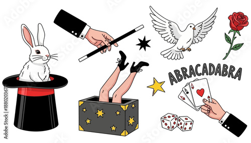 Collection of illustrated magic performance elements including a white rabbit in a top hat a magician's hand holding a wand legs emerging from a box and a flying dove illusion trick