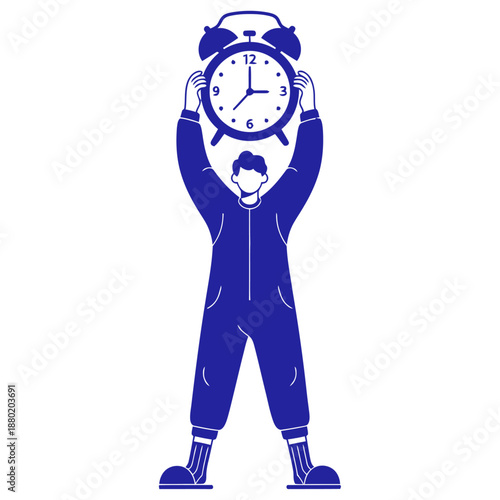 Person in blue jumpsuit holding an analog alarm clock above their head with both hands in a simple graphical style illustration time management deadline schedule productivity wake up
