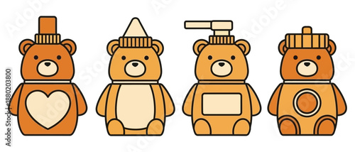 Set of four different bear shaped honey pots and containers featuring various lids including a pump dispenser and sweet designs packaging food golden syrup cartoon bottle kitchen product