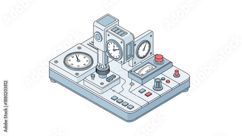 Isometric sketch of a complex industrial machine or scientific device with gauges, dials, buttons, and various control panels.
