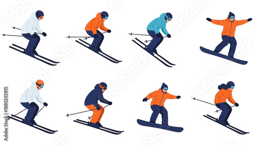 Collection of diverse skiers and snowboarders engaging in winter mountain sports wearing colorful protective gear and goggles while descending slopes skiing snowboarding winter sport