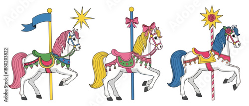 Three charming white carousel horses with colorful manes and decorative saddles are displayed in a row each attached to a vertical ride pole merry go round amusement park ride carnival attraction