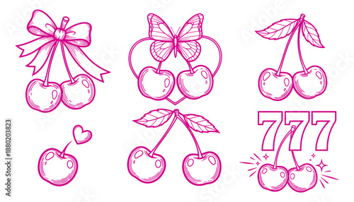 A collection of stylized magenta line art illustrations featuring various cherry arrangements including a pair tied with a bow a butterfly heart symbol and lucky number 777 jackpot
