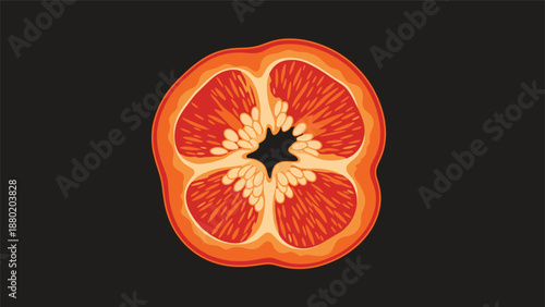 Cross-section of a red bell pepper showing the inner structure with seeds, illustrated in a detailed vector style on a black background.