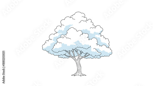 Stylized tree with a full, cloud-like canopy of snow-covered leaves, illustrated in a simple black and white line art style.
