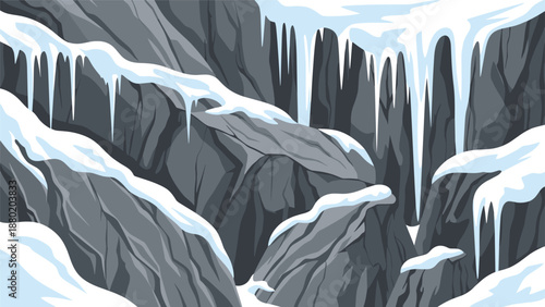 Winter mountain landscape background with snow-covered rocks and sharp icicles hanging down into a cold, icy canyon.