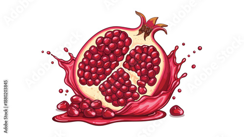 Juicy red pomegranate cut in half with seeds splashing into a pool of fresh juice, isolated on a white background.