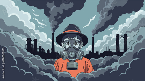 Pixel art illustration of a young boy in a hat and gas mask surrounded by thick smoke from industrial factory pollution.