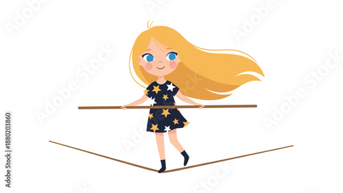 Cute cartoon girl with long blonde hair and a starry dress balancing carefully on a tightrope with a long pole.