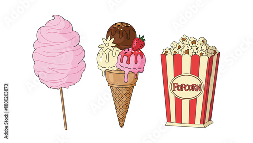 Collection of sweet carnival or movie theater snacks, including pink cotton candy, a triple-scoop ice cream cone, and a box of popcorn.