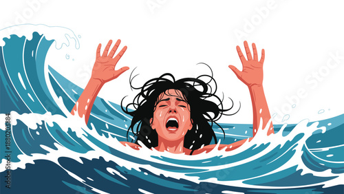 Dramatic illustration of a woman drowning in stormy ocean waves, screaming for help with her hands raised in panic and fear.