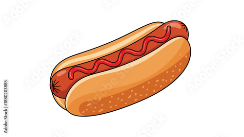 Classic American hot dog in a sesame seed bun with a swirl of ketchup on top, illustrated in a simple cartoon style.