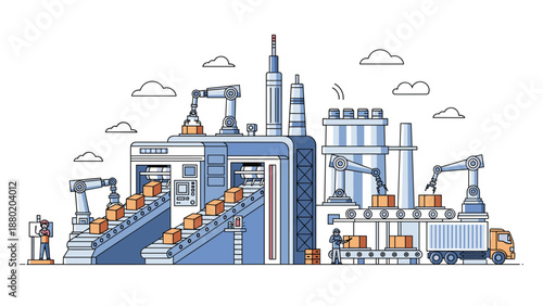 Modern factory with automated production lines, robotic arms, and conveyor belts moving boxes for manufacturing and shipping.