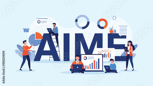 AIME business acronym concept showing a collaborative team of people working with laptops, charts, and data analysis tools.