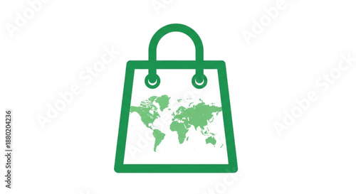 World Consumer Rights Day Shopping bag icon with world map graphic, business concept, green design, isolated on white background, flat illustration, digital marketing viewpoint