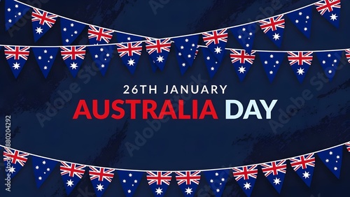 Australia day celebration with bunting flags and text greeting on dark blue background