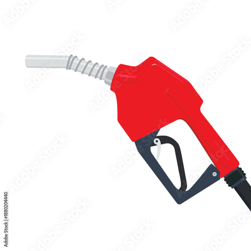 A red fuel nozzle on hose. Gasoline pistol pump gun. Editable EPS 10 vector graphic isolated on white background.