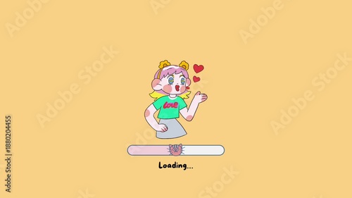 Charming Animated Character Loading Screen with Hearts and Playful Expression, Ideal for App or Game Interfaces