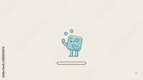 Whimsical square character gracefully juggles three floating spheres, a delightful cartoon illustration depicting a playful balancing act with a charming, simple design