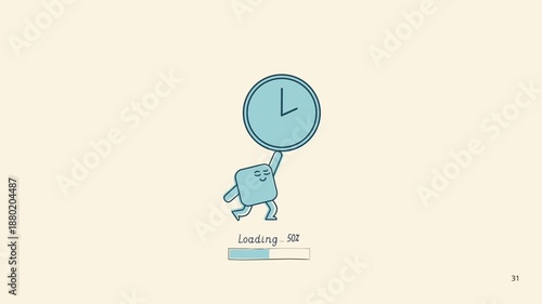 Charming square character carries a large clock, symbolizing waiting and loading progress on a digital interface