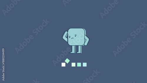 A light blue cartoon square character looks confused with small squares loading at its feet
