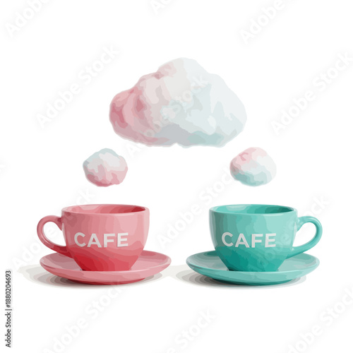 Two cafe cups with cotton candy clouds above them.