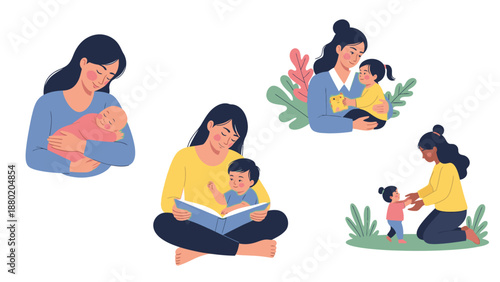 Illustration of a mother engaging in various tender activities with her girls, including reading and playing outdoors in a colorful, flat design style with a warm and nurturing mood.