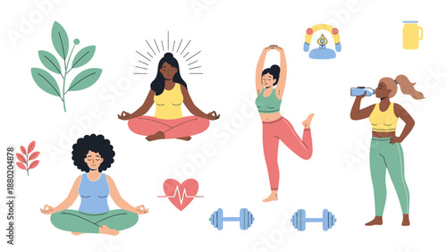 Illustration of diverse girls engaging in various fitness activities like yoga and weightlifting with healthy symbols around them on a white background with a vibrant and energetic mood.