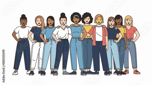 Diverse group of girls standing together in a confident pose against a clean white background with casual clothing.