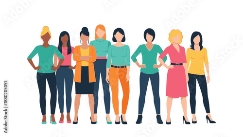 Flat illustration of a diverse group of eight girls standing in a row with confident poses against a clean white background.