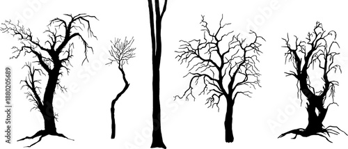 Set of black tree silhouettes. Vector illustration of forest elements including trunks, branches, vines, and leaves isolated on background