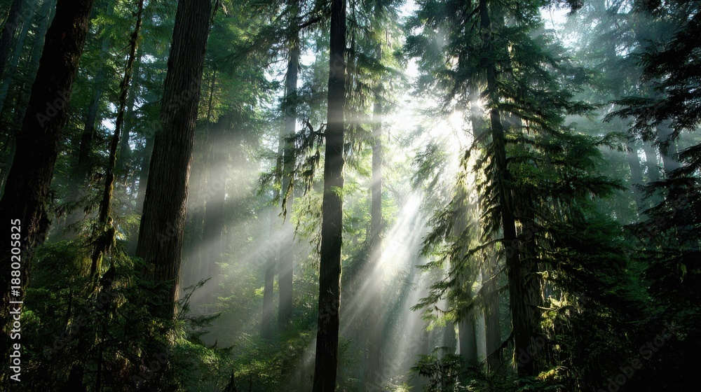 Obraz premium Sunbeams creating a cathedral-like atmosphere in a dense forest with towering trees and visible mist