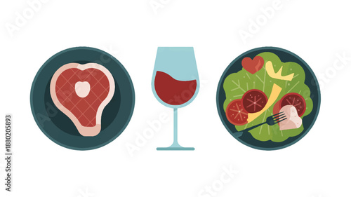 Gourmet Valentine's Day Dinner Set Vector Illustration with Steak and Romantic Elements