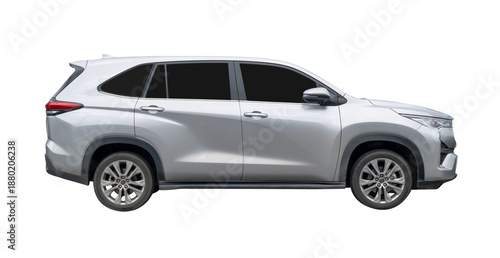 Right side view of elegant silver SUV sports car isolated with clipping path in png file format