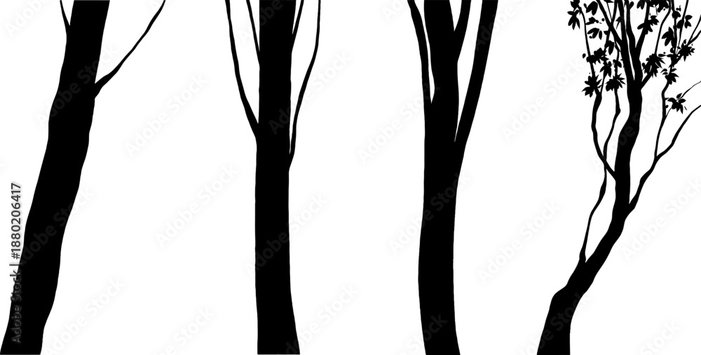 Fototapeta premium Set of black tree silhouettes. Vector illustration of forest elements including trunks, branches, vines, and leaves isolated on background