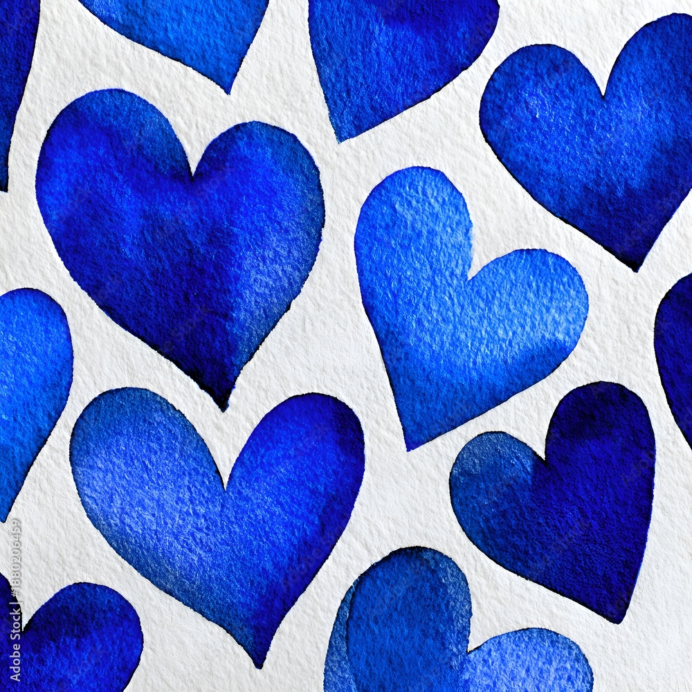 Obraz premium Watercolor blue hearts float on a textured white background creating a gentle, artistic pattern perfect for romantic backgrounds designs.