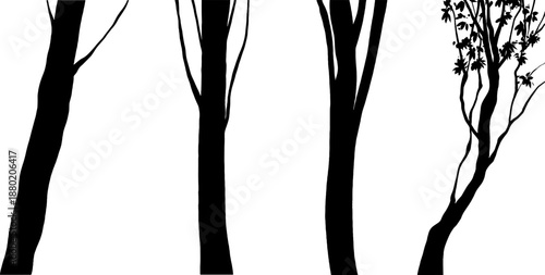 Set of black tree silhouettes. Vector illustration of forest elements including trunks, branches, vines, and leaves isolated on background