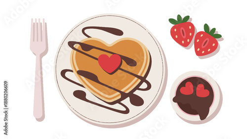Valentine's Day Breakfast Food Set with Heart-Shaped Pancakes and Sweet Maple Syrup