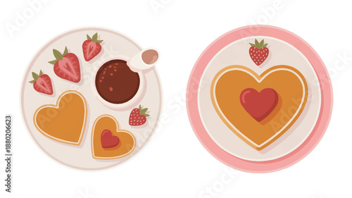 Romantic Morning Breakfast Set with Heart-Shaped Pancakes for Valentine's Day Illustration