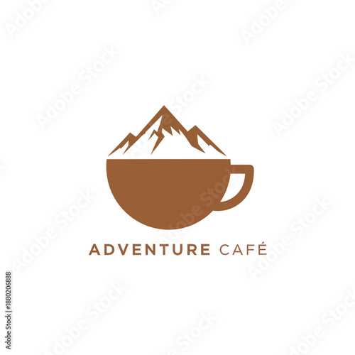 Adventure Cafe Logo Design Featuring Coffee Cup and Mountain Peak.