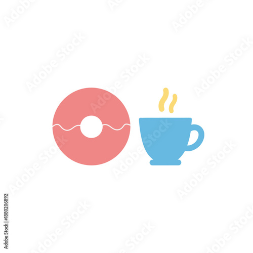 Pink donut and blue coffee cup a delightful breakfast combination.