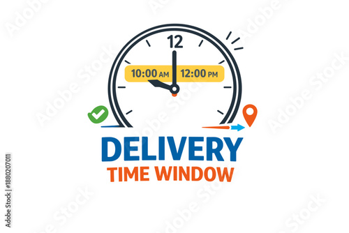 Delivery time window design with clock indicating 10:00 am to 12:00 pm
