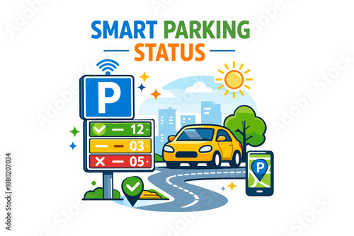 Smart parking system with status display and smartphone integration in urban setting