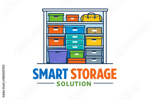 Organized closet with colorful storage boxes and suitcase