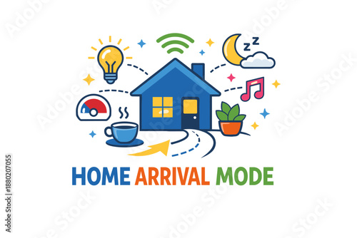Smart home arrival mode concept with connected devices and automation icons