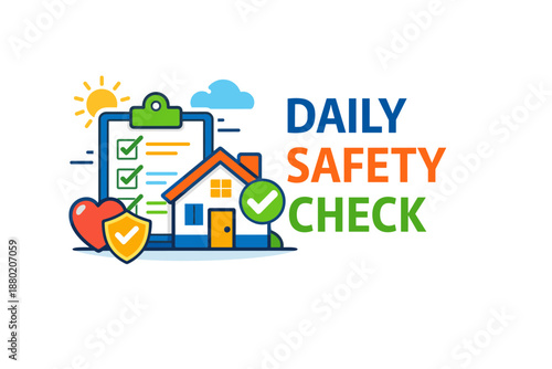 Home safety checklist with house and icons for daily safety check