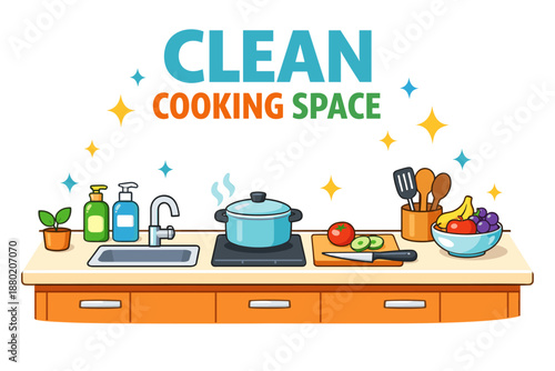 Organized kitchen counter with cooking utensils and fresh ingredients