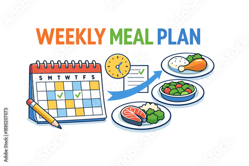 Weekly meal plan with calendar, balanced dishes, and scheduled meals