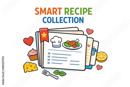 Smart recipe collection: colorful illustrated cookbooks with culinary icons